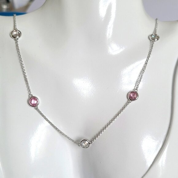 Dainty Sterling Silver Elegant Feminine Pink Round Crystal Chain Necklace - Picture 1 of 9